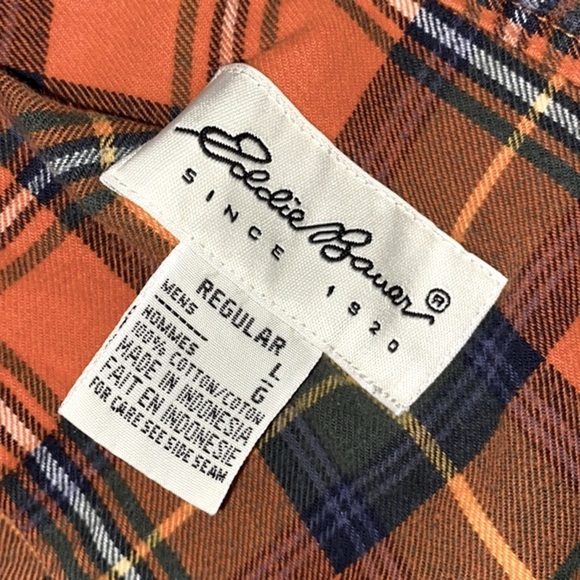 Eddie Bauer vintage orange plaid flannel button down cotton shirt size large - Picture 4 of 5